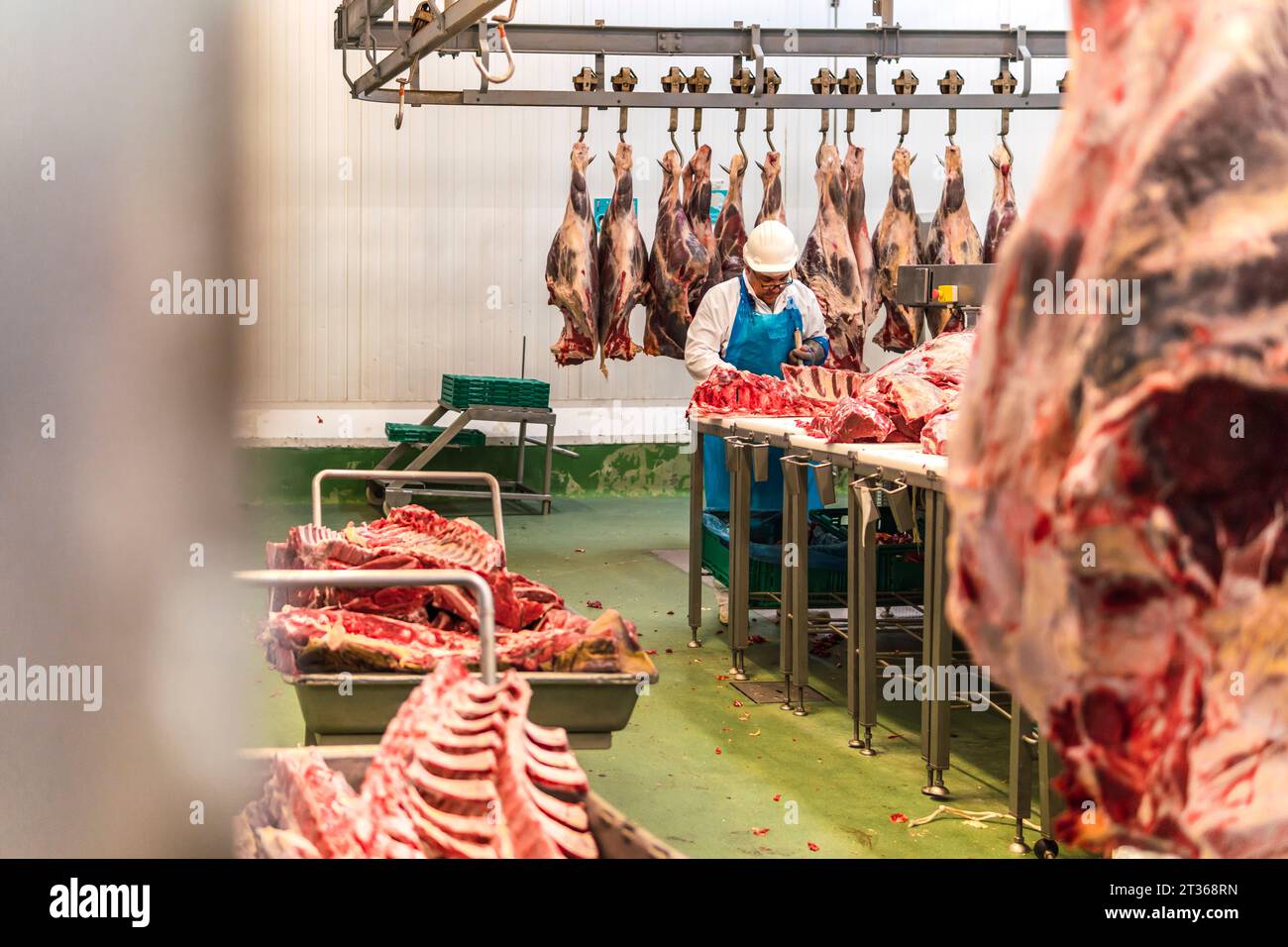 Metzger, der Rippenfleisch im Schlachthof schneidet Stockfoto