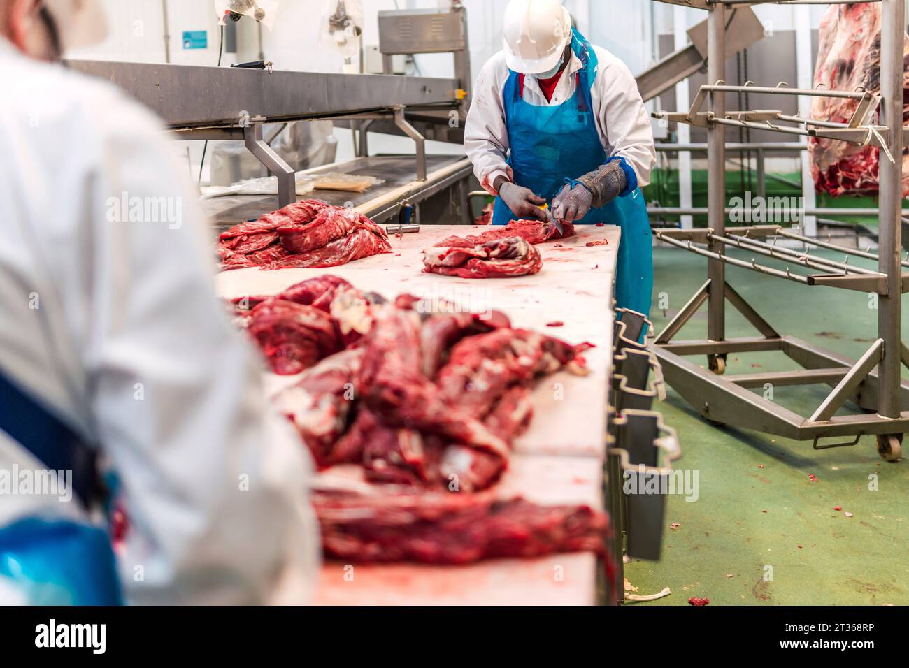 Schlachthofkollegen, die Kuhfleisch im Kühllager schneiden Stockfoto