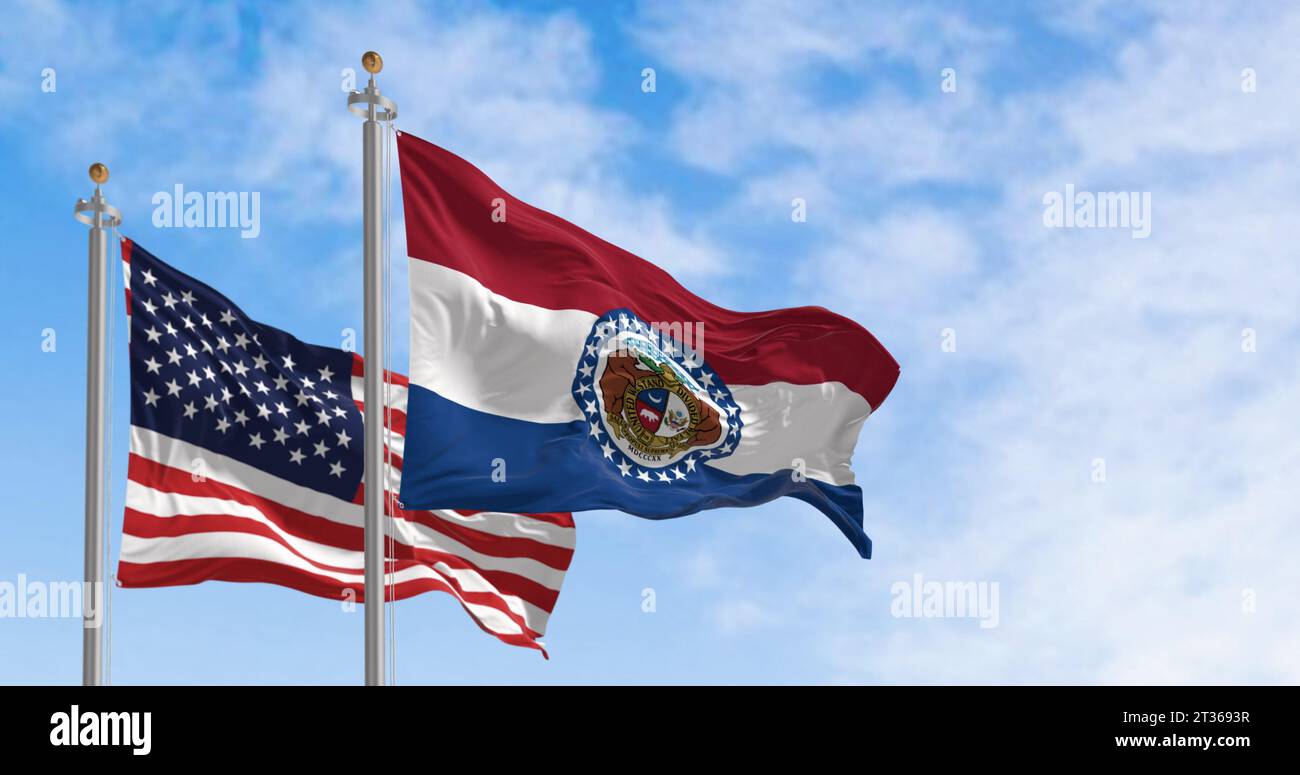 Missouri-Staatsflagge winkt mit der nationalen amerikanischen Flagge an einem klaren Tag. 3D-Darstellung. Geriffeltes Material. Selektiver Fokus Stockfoto