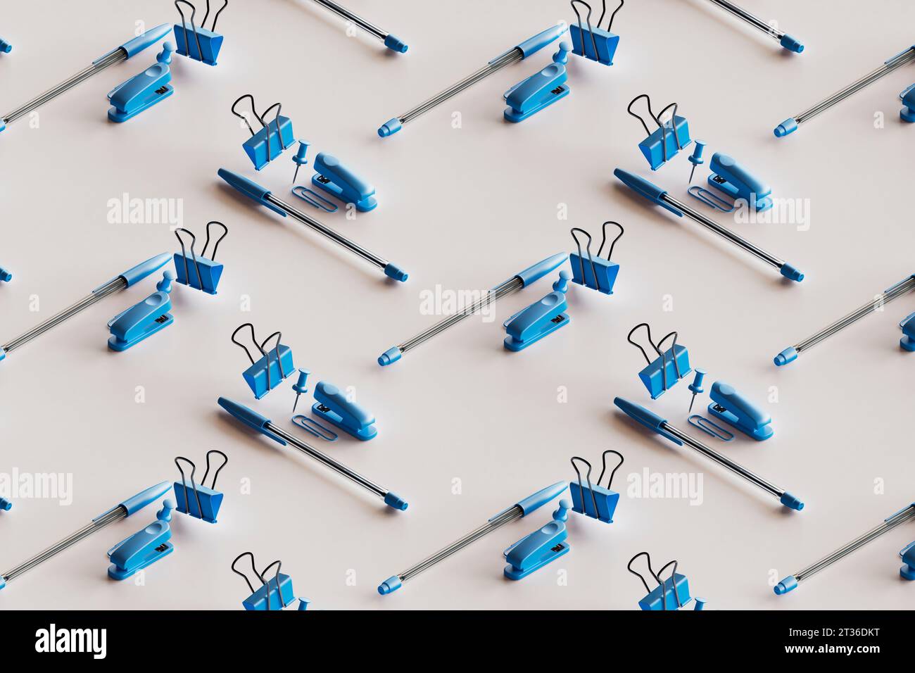 3D-Muster blauer Büromaterialien, die vor weißem Hintergrund schweben Stockfoto