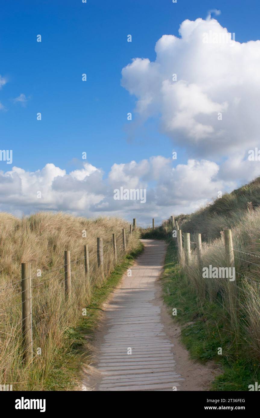 Ein hölzerner Brettweg ermöglicht den Zugang zum Strand, schützt aber die Dünen und das Marramgras - John Gollop Stockfoto