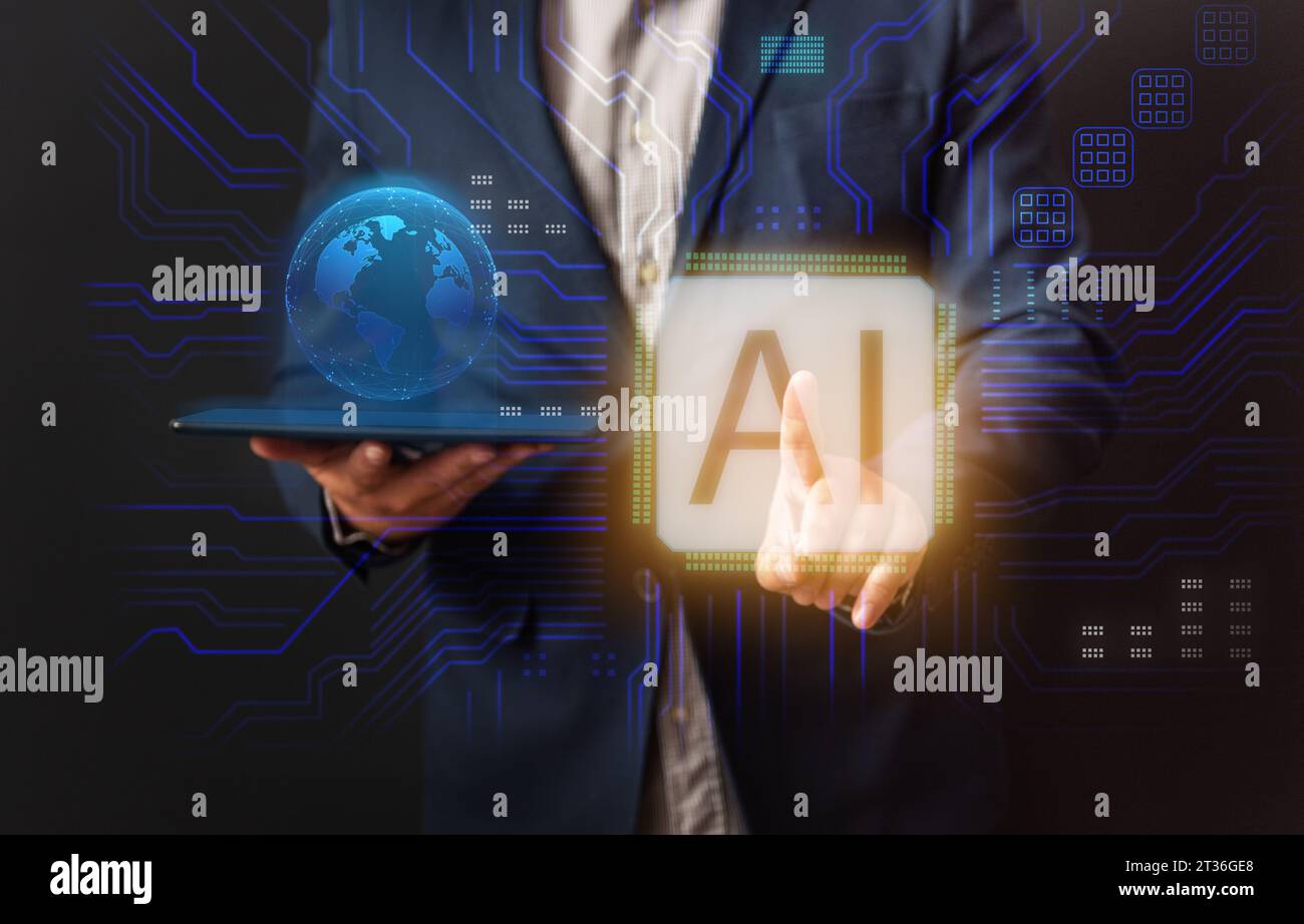 Mann, der mit Hand und Finger auf futuristisches Schnittstellennetzwerk zeigt, umfasst künstliche Intelligenz (AI), maschinelles Deep Learning, Roboter-Computer-Softwa Stockfoto