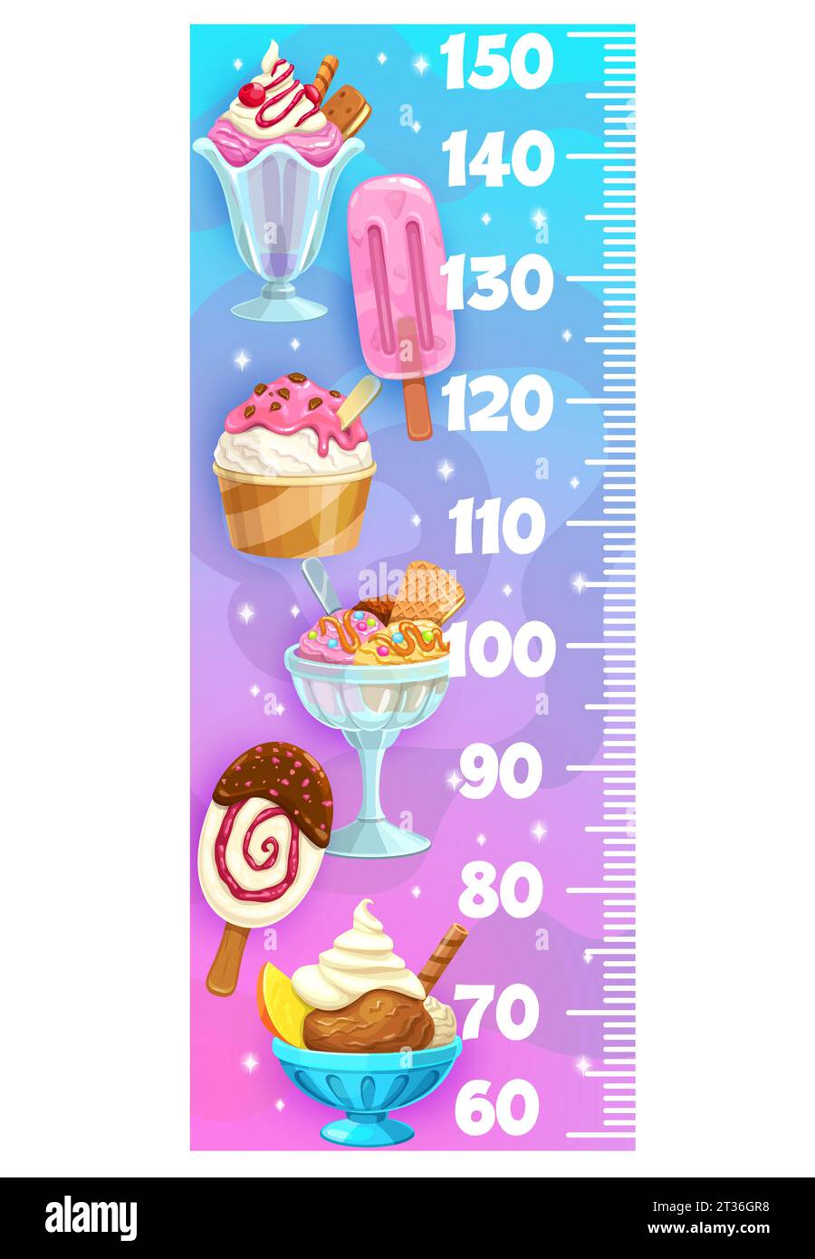 Kinder Höhendiagramm messen Lineal mit Cartoon Eis Eis, Vanillekegel, Vektor Wachstum Meter. Eisbecher und Schokoladenstab, Vanilleschaufeln im Waffelkegel auf dem großen Maßstab Stock Vektor