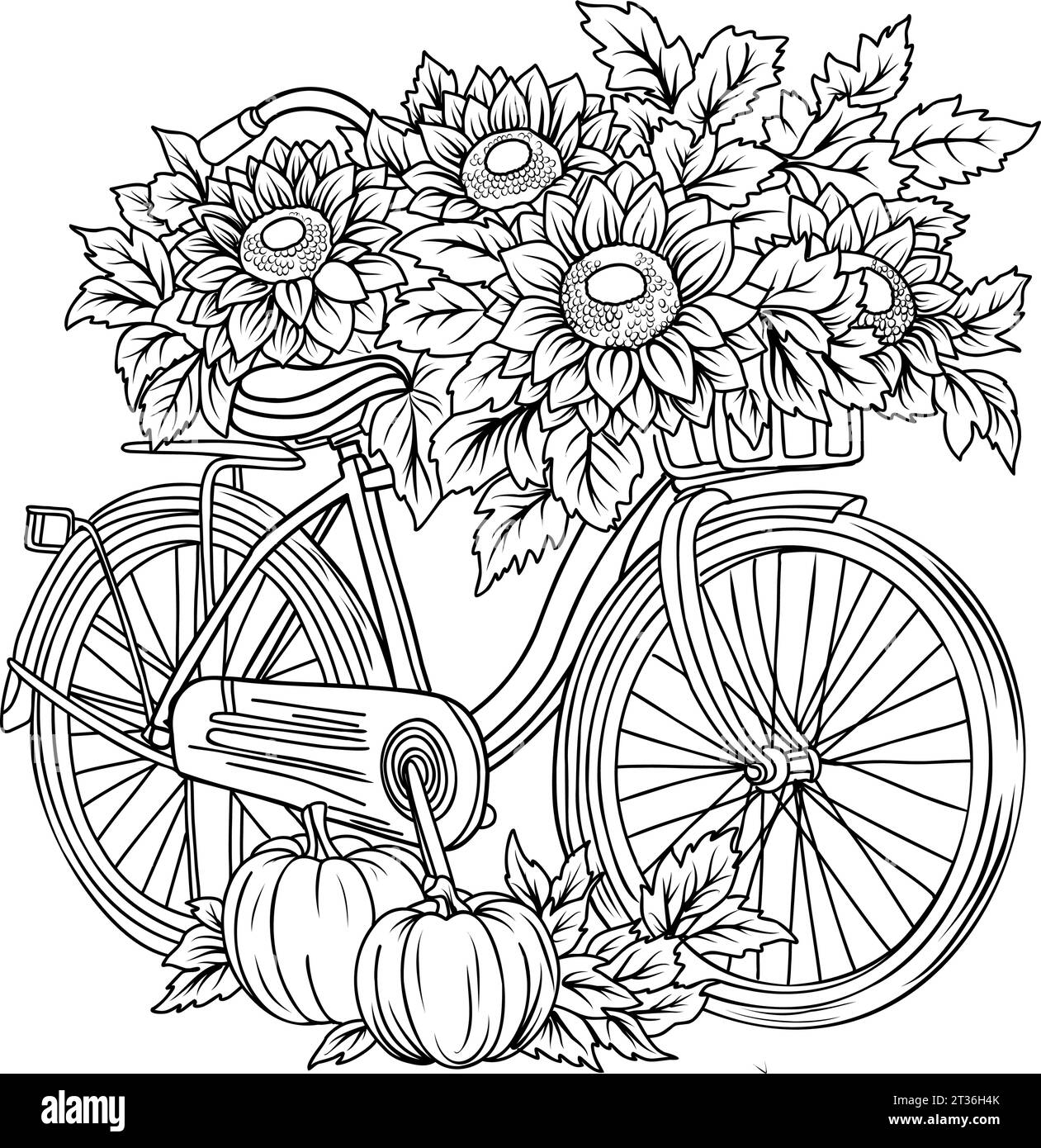 Fahrrad mit Sonnenblumen. Herbstthemenmalbuch. Lineare Herbstdarstellung Stock Vektor