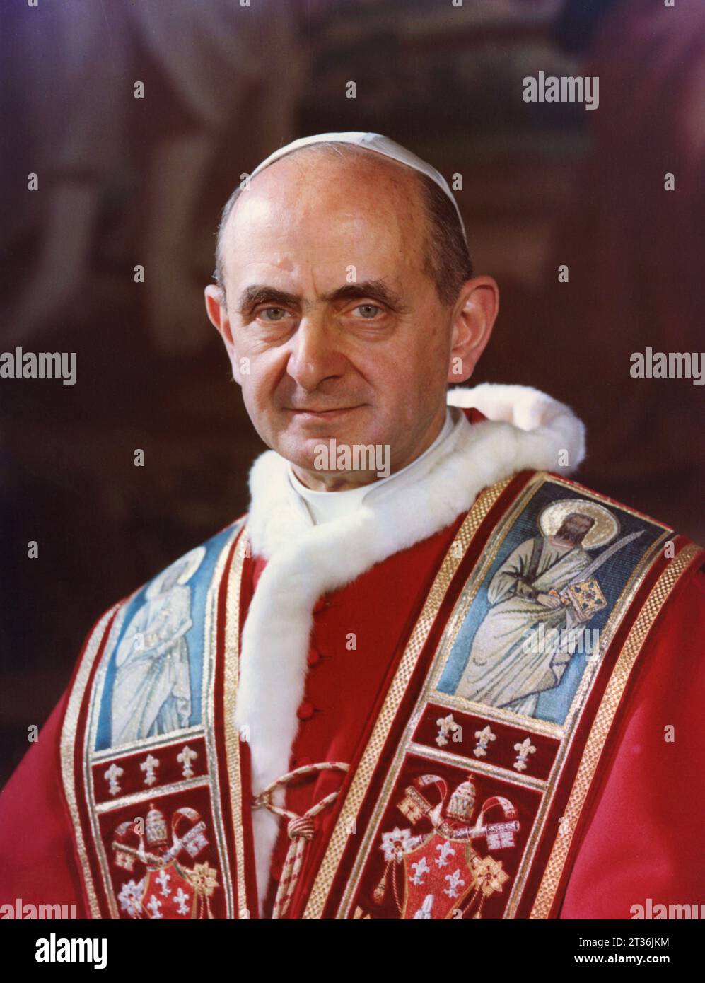 Papst Paul VI. Porträt des italienischen Oberhauptes der katholischen Kirche von 1963 bis 1978, Papst Paul VI. (Lateinisch Paulus VI.; italienisch Paolo VI.; geb. Giovanni Battista Enrico Antonio Maria Montini (1897–1978), offizielles Porträt, 1969 Stockfoto