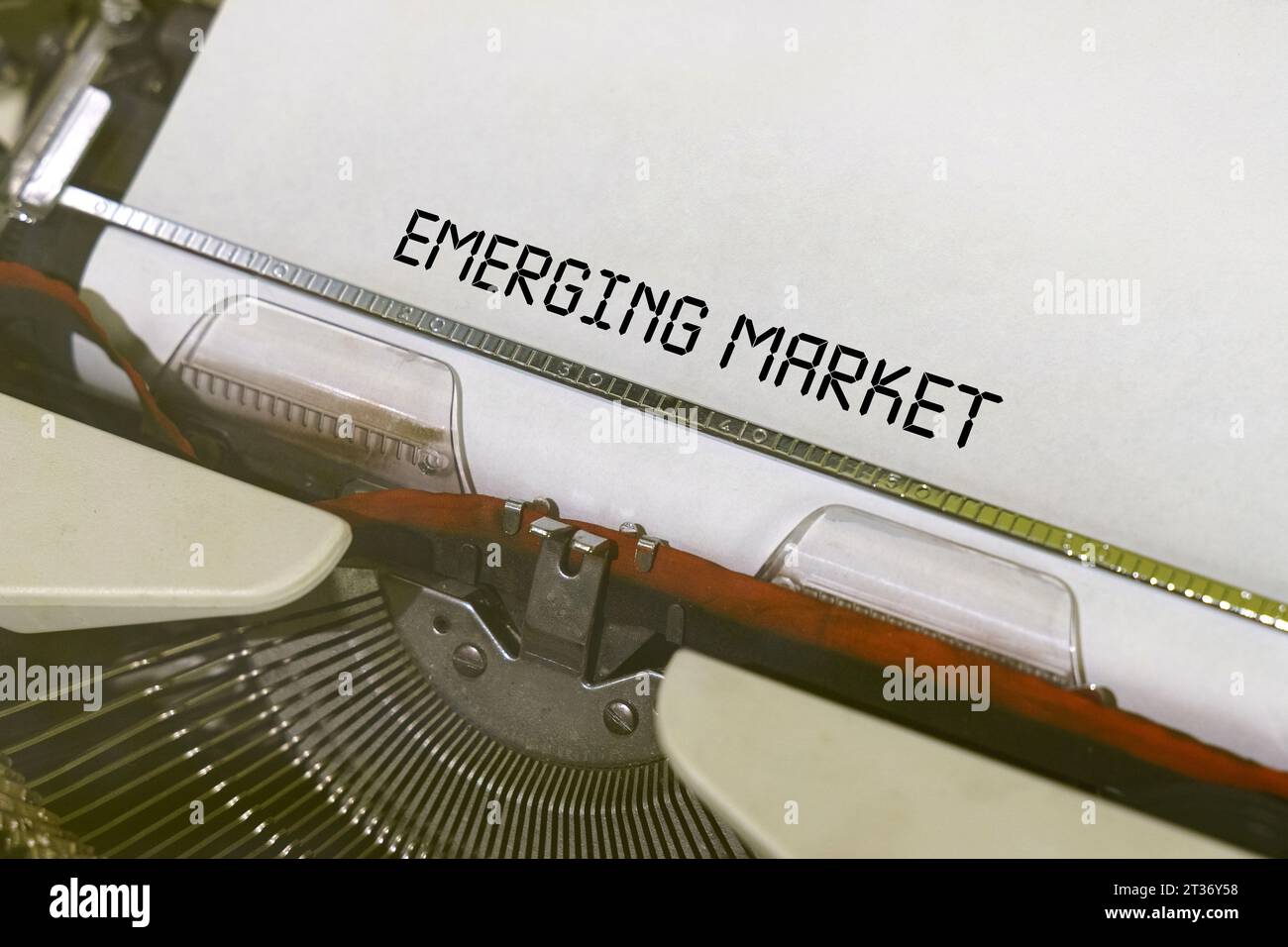 Wirtschafts- und Finanzkonzept. Der Text wird auf einer Schreibmaschine gedruckt – einem aufstrebenden Markt Stockfoto