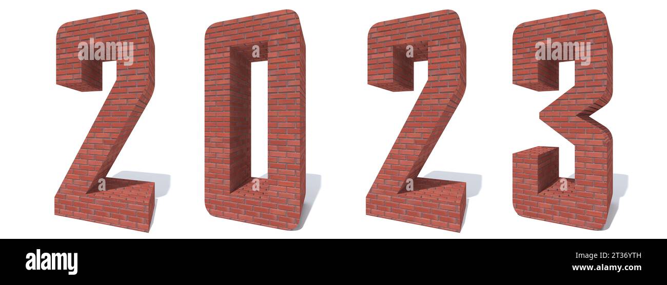 Konzept oder konzeptionelles 2023 Jahr aus roten schweren, rauen Ziegeln isoliert auf weißem Hintergrund. Eine abstrakte 3D-Illustration als Metapher für die Zukunft Stockfoto