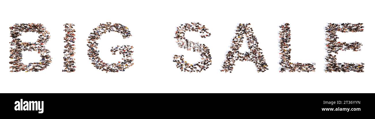 Konzept oder konzeptionelle große Gemeinschaft von Menschen, die EINEN GROSSEN SLOGAN bilden. metapher zur 3D-Darstellung für Marketing, Werbung, Shopping, Sonderpreis Stockfoto