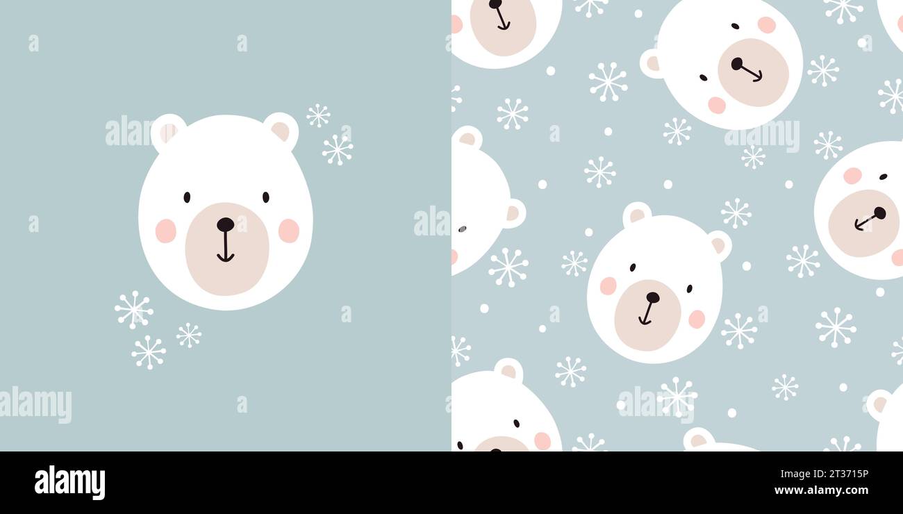 Niedliche Eisbärenkarte und nahtloses Muster. Kinder Hintergrund mit Bär und Schneeflocken. Vektorillustrationssatz. Stock Vektor