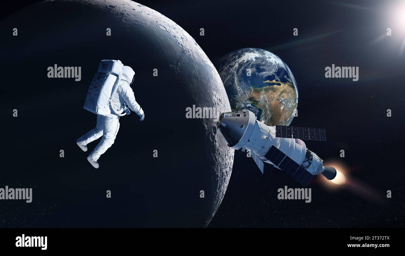 Mission zum Mond. Raumschiff "Spaceman" und "Orion". Elemente dieses Bildes, bereitgestellt von der NASA. Stockfoto