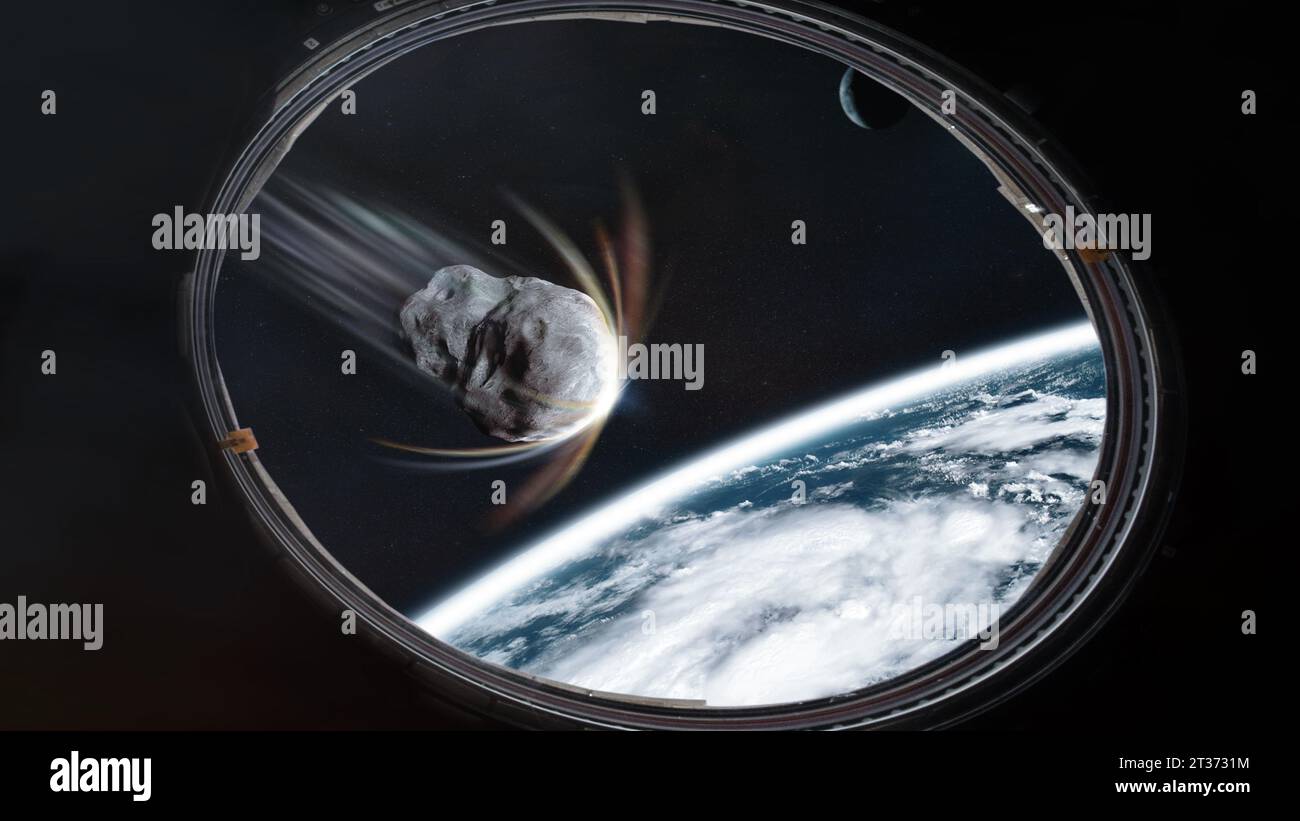 Erdplanet und Asteroid im Raumschiff Bullauge. Meteorit auf der Umlaufbahn des Erdplaneten. Science-Fiction-Kunst. Elemente dieses Bildes, bereitgestellt von der NASA. Stockfoto
