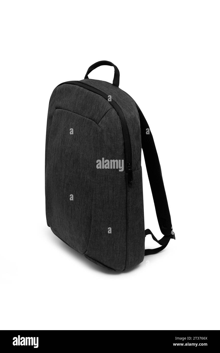 Laptop-Rucksack-Tasche mit großem Fassungsvermögen in neuem Design isoliert auf weißem Hintergrund mit Schneidepfad. Reise-College-Schulrucksack. Seitenansicht. Stockfoto