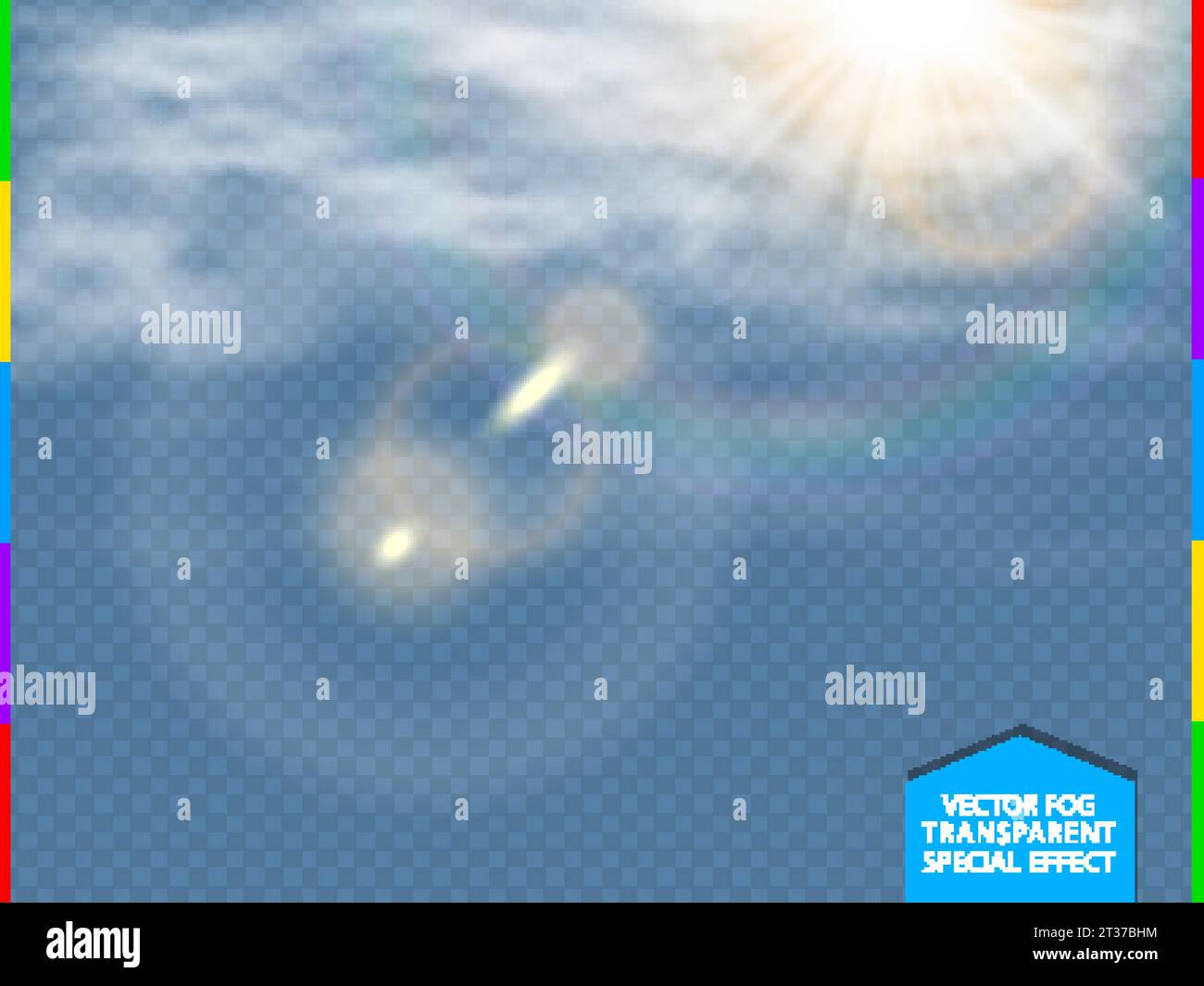 Advection weiße Vektorwolke mit Sonnenlicht Lichtreflexionen isolierter, lichtdurchlässiger Spezialeffekt. Sonne, Nebel oder Smog auf blauem, transparentem Hintergrund. Clo Stock Vektor