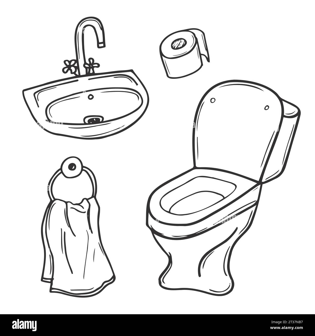 Illustration von Badezimmerobjekten im Doodle-Stil, einschließlich Toilette und Papier im Vektorformat. Stock Vektor