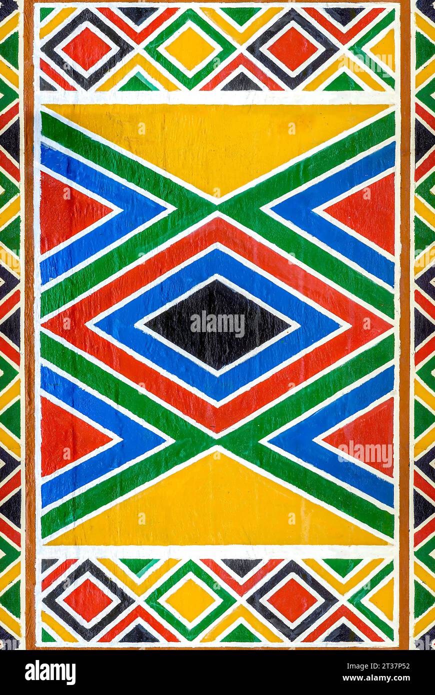 Farbenfrohe afrikanische Wandmalerei mit Ornamenten im Zulu-Stil Stockfoto