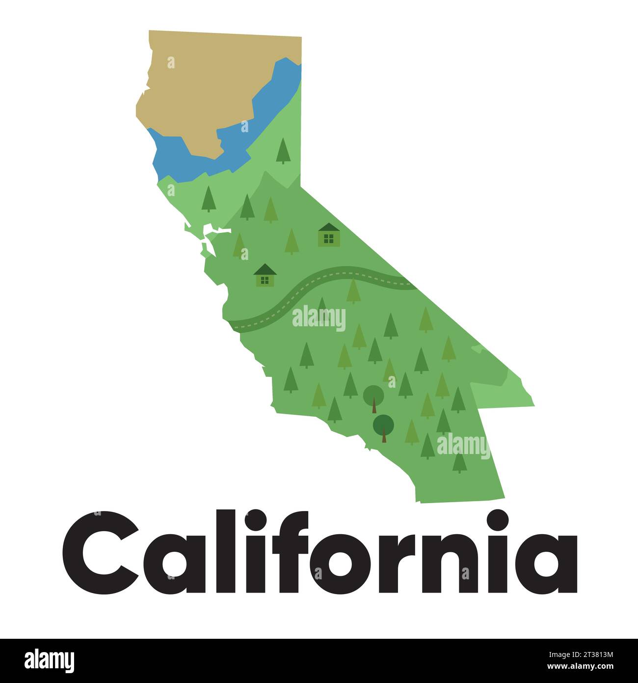Karte von Kalifornien Form Cartoon Grafik Illustration Cartoon Stil von Wald und Fluss Stock Vektor