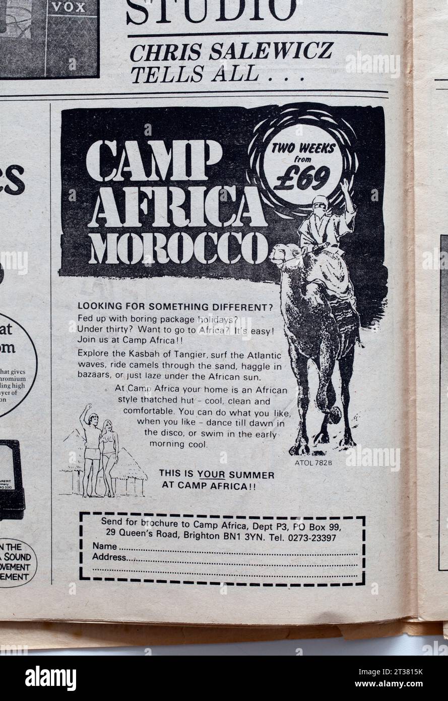Werbung für Camp Africa Marokko in NME Music Paper der 1970er Jahre Stockfoto