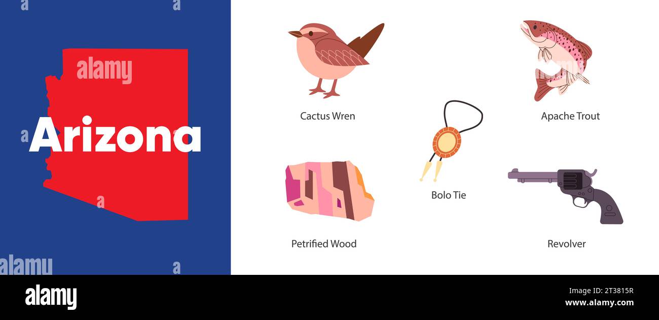 Arizona us-bundesstaaten Karte united America Country Symbol Revolver apache Forelle Zeichnung Illustration Stock Vektor