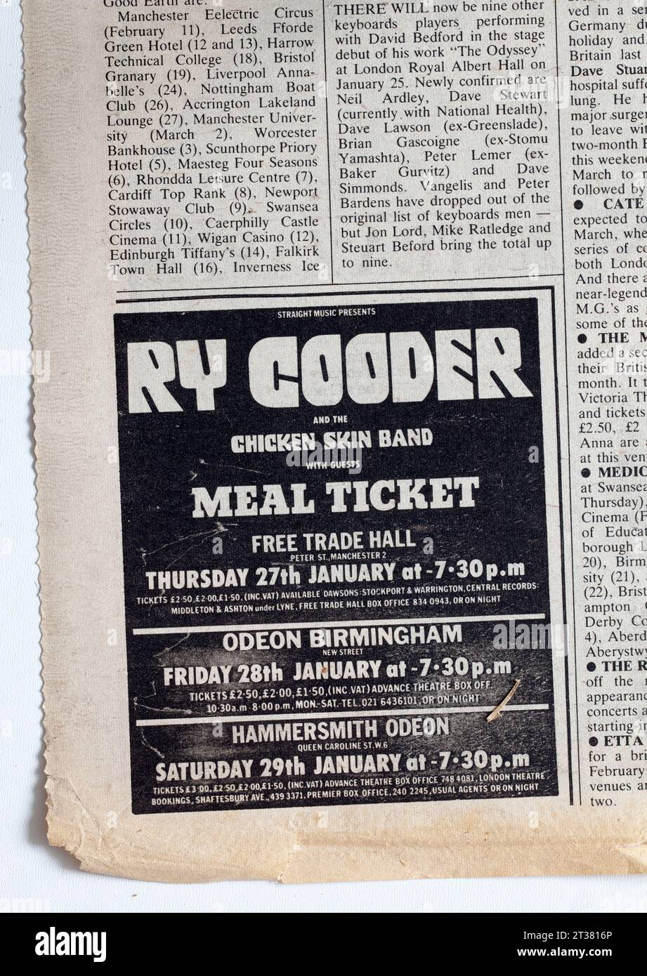 Werbespot für Konzert von Ry Cooder in NME Music Paper der 1970er Jahre - New Musical Express Stockfoto