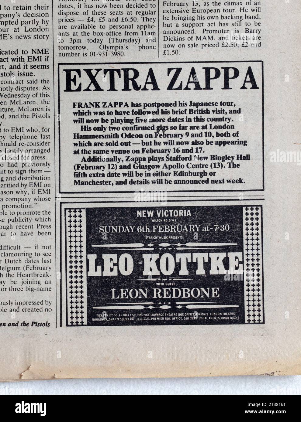 Werbung für ein Konzert von Leo Kottke in der NME Music Paper der 1970er Jahre - New Musical Express Stockfoto