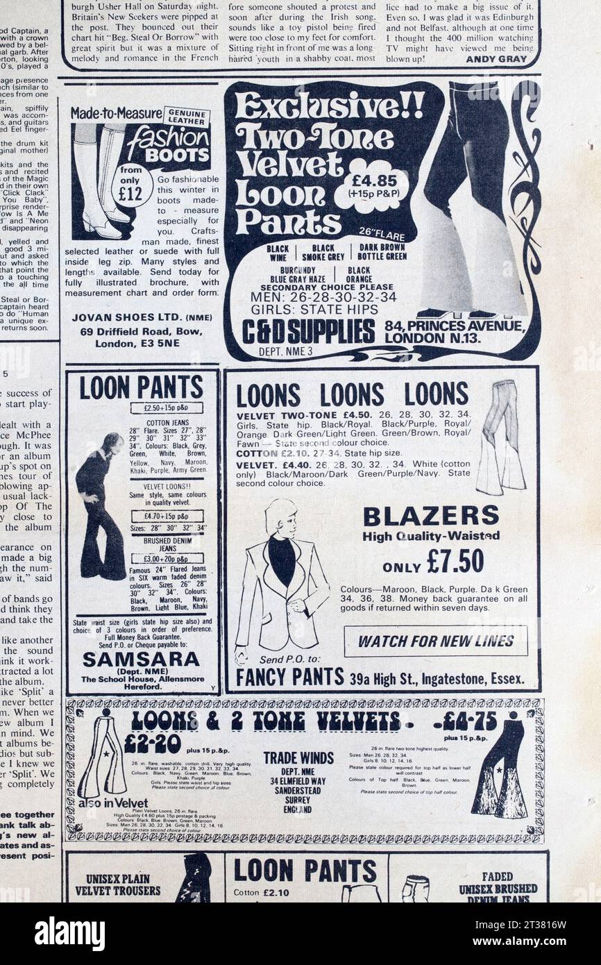 Versandwerbung für Loon Pants in NME Music Paper der 1970er Jahre - New Musical Express Stockfoto