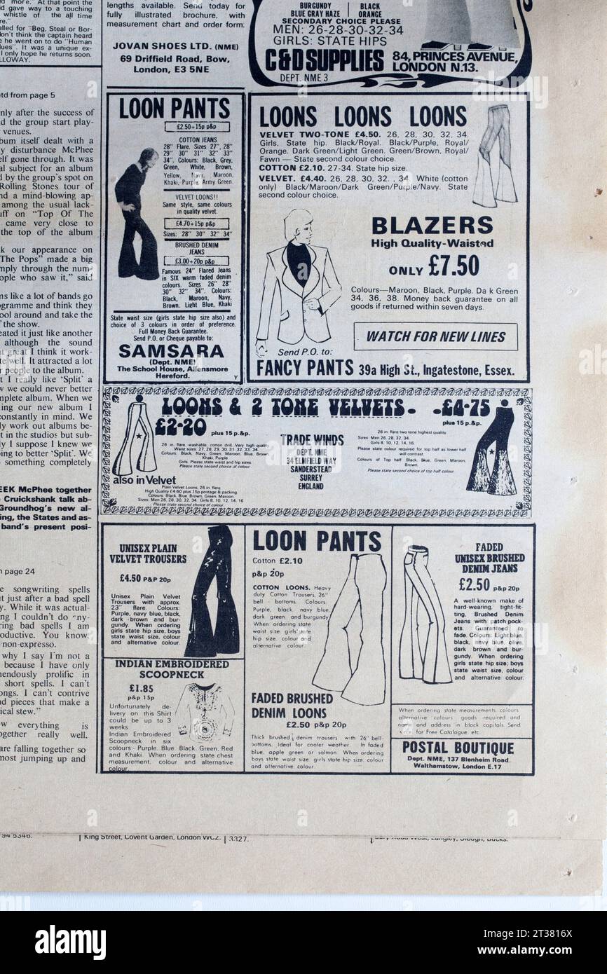 Versandwerbung für Loon Pants in NME Music Paper-New Musical Express der 1970er Jahre Stockfoto