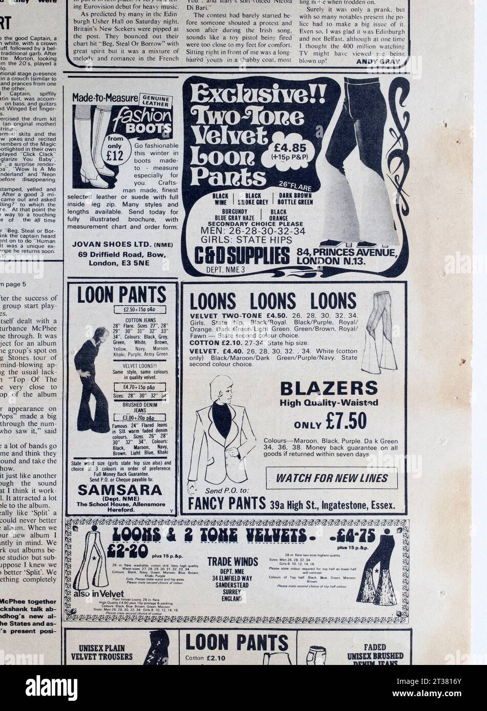 Versandwerbung für zweifarbige Samtlastenhosen in NME Music Paper der 1970er Jahre - New Musical Express Stockfoto
