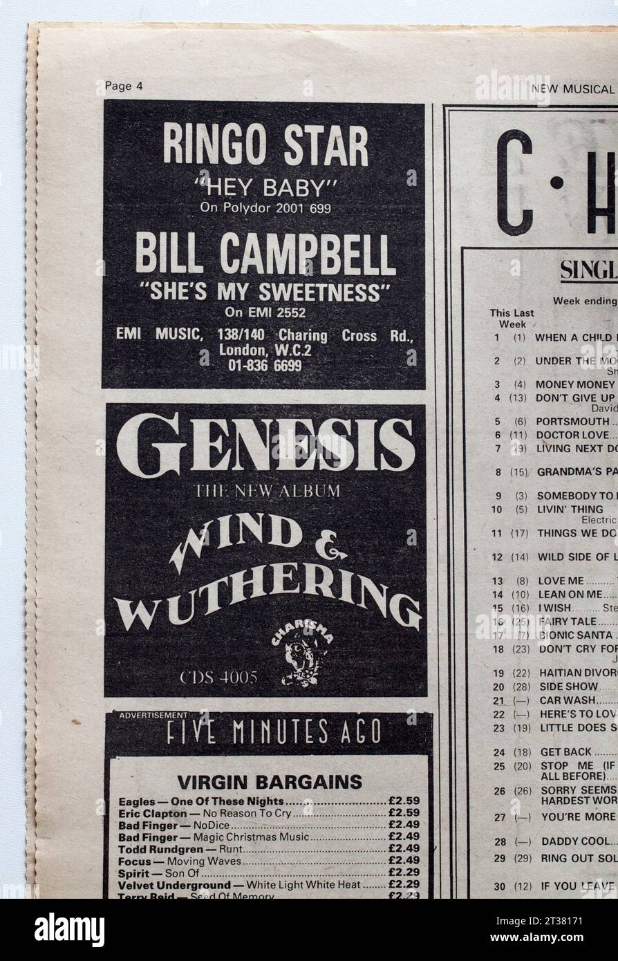 Werbespots in NME Music Paper der 1970er Jahre für neue Veröffentlichungen von Genesis und Ringo Starr Stockfoto