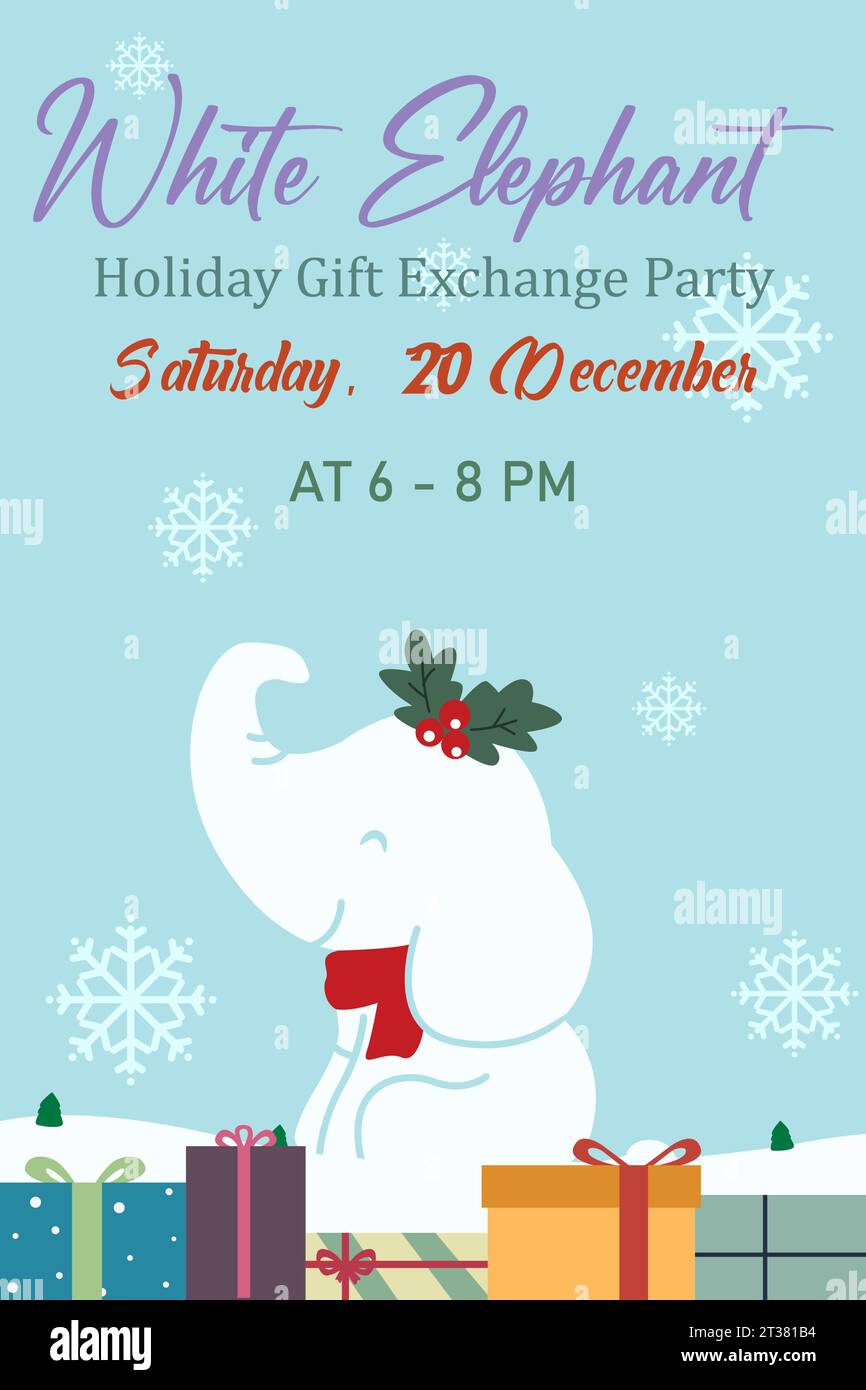 Eine Vektor-Illustration der Weißen Elefanten Weihnachten Geschenk Austausch Einladungskarte Stock Vektor
