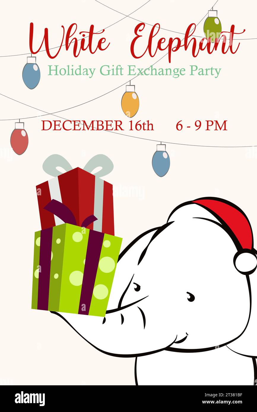 Eine Vektor-Illustration der Weißen Elefanten Weihnachten Geschenk Austausch Einladungskarte Stock Vektor