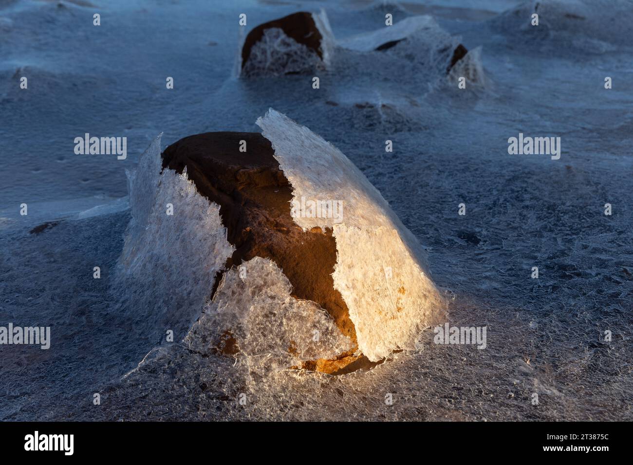 Eis bedeckt Flussstein Stockfoto