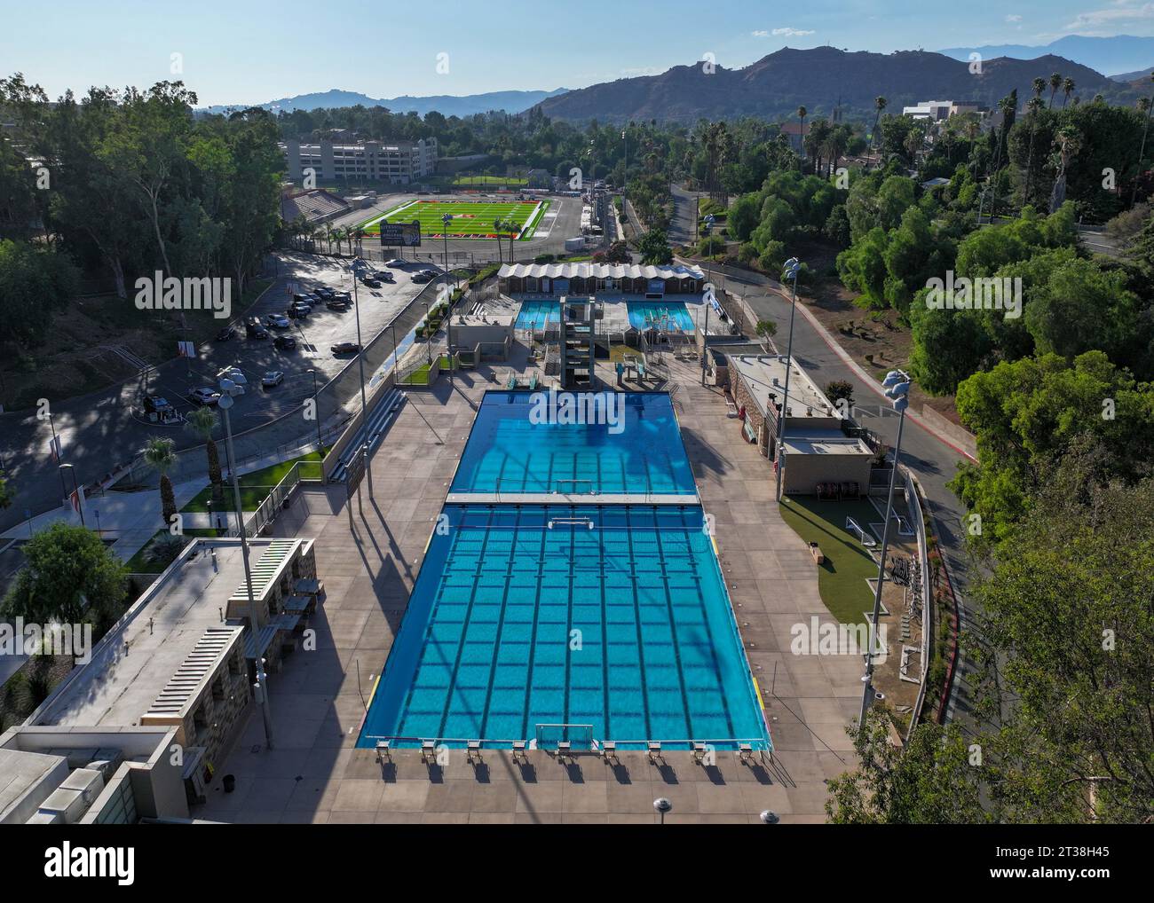 Allgemeine Gesamtansicht des Riverside Aquatics Complex am Riverside City College am Montag, 14. August 2023 in Riverside, CA. (Dylan Stewart/Image of Sport) Stockfoto