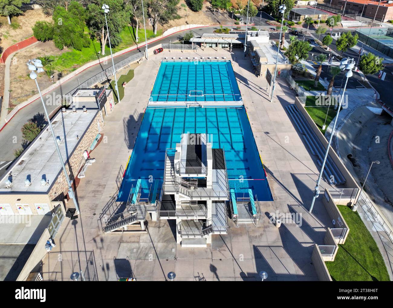 Allgemeine Gesamtansicht des Riverside Aquatics Complex am Riverside City College am Montag, 14. August 2023 in Riverside, CA. (Dylan Stewart/Image of Sport) Stockfoto