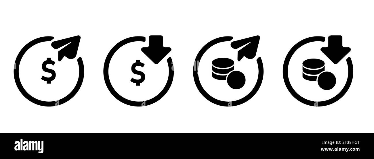 Senden Empfangen Überweisung Geld Symbol Münze Dollarzeichen schwarz flach Papier Ebene Pfeil nach unten Stock Vektor