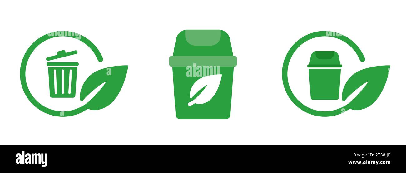 Recyclingbehälter hinterlässt ökologisch biologisch abbaubare Abfallentsorgung nachhaltiges Stempelsiegel Symbol Stock Vektor