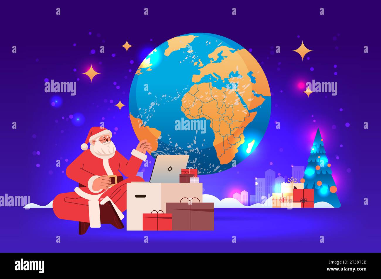 weihnachtsmann in rotem Kostüm sitzt in der Nähe der Weltkarte und Geschenkboxen mit Laptop Happy New Year frohe weihnachtsfeier Stock Vektor