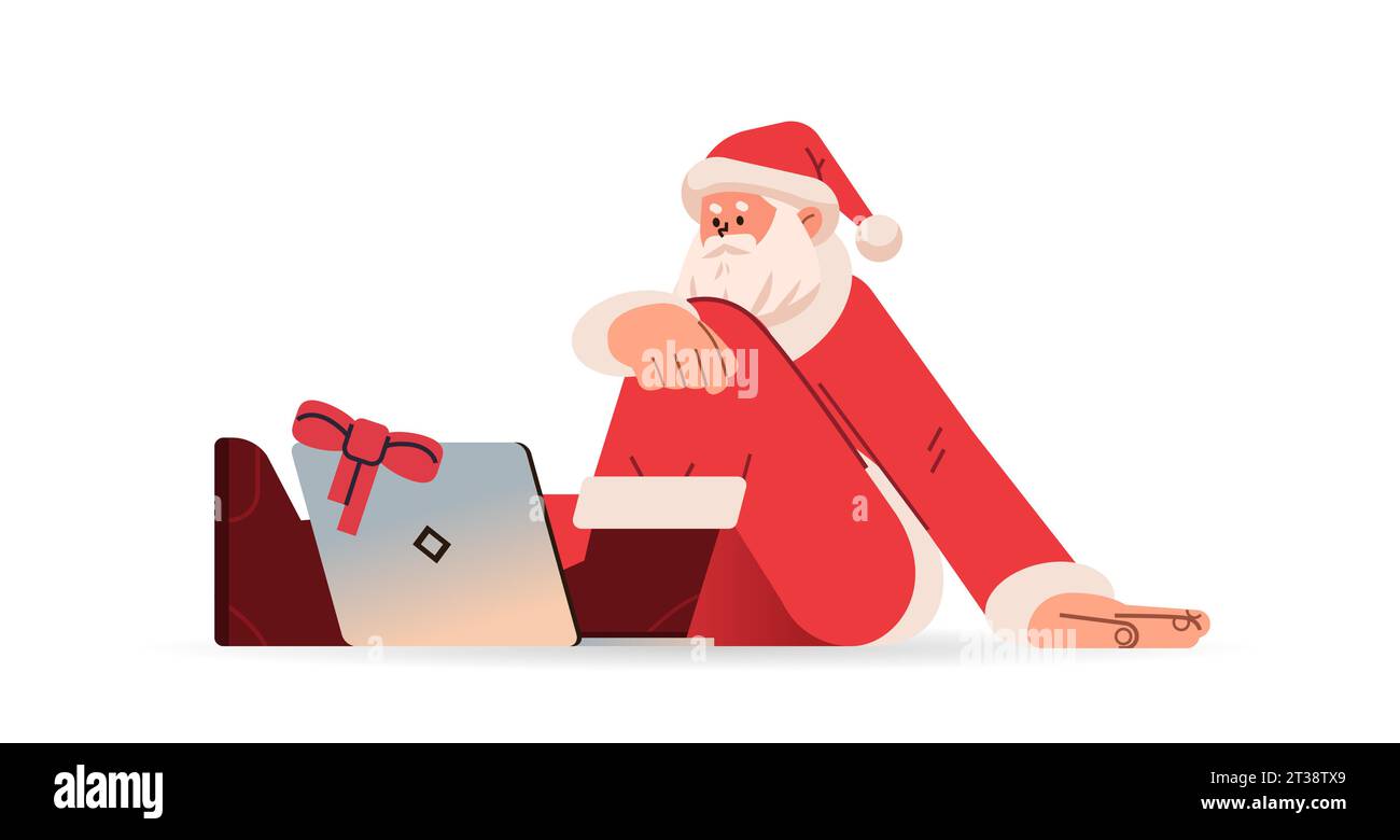weihnachtsmann in rotem Kostüm sitzt auf dem Boden und benutzt Laptop Happy New Year Frohe christmas Holiday Celebration Konzept Stock Vektor