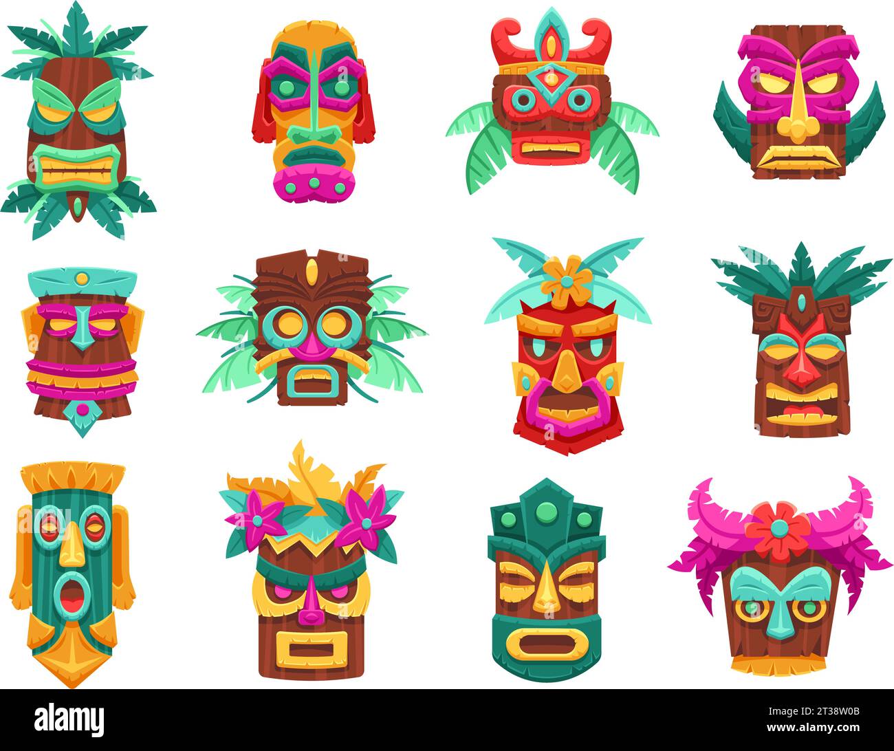 Zeichentrick-Tiki-Masken. Hawaiianische Bambustotems, antike tropische Holzstatuen und Inselgötter Skulpturen Vektorset Stock Vektor