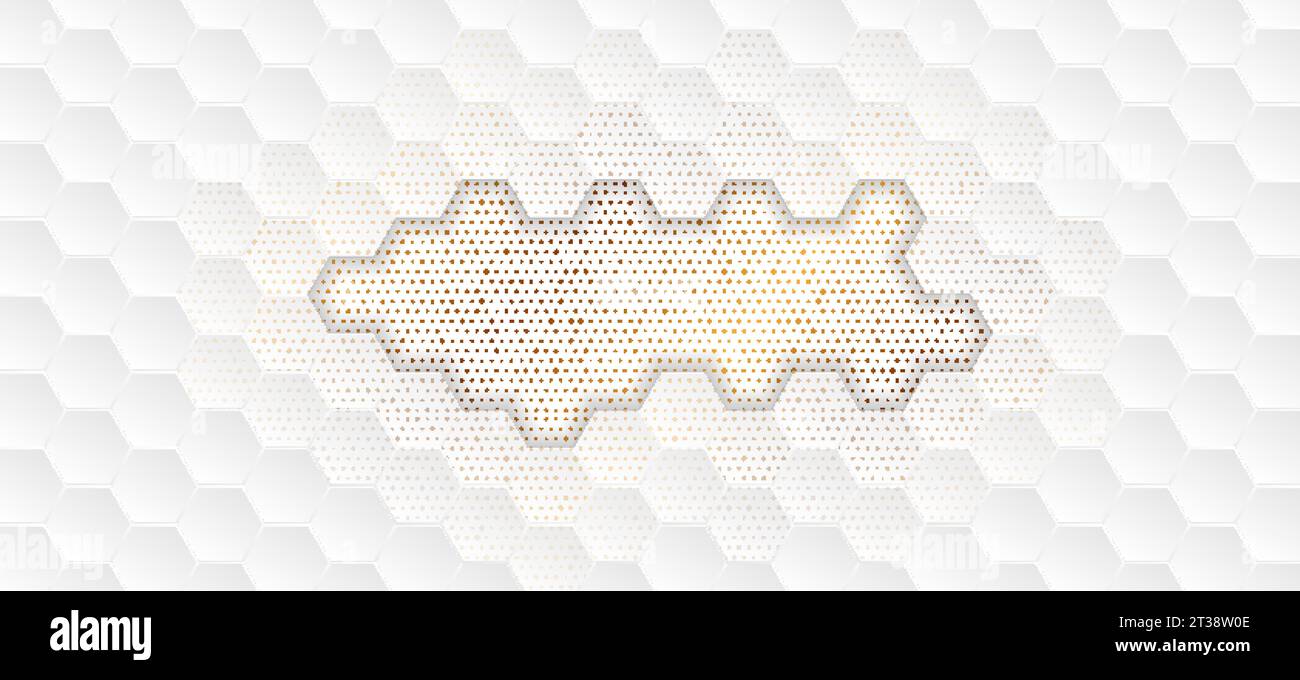 Weiße geometrische Sechsecke abstrakte Technologie-Hintergrund mit goldenen Punkten. Modernes futuristisches Vektordesign Stock Vektor