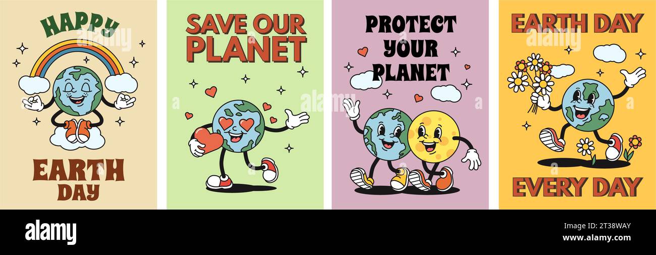 Cartoon Planet Earth Poster. Happy Earth Day Aufkleber, speichern Sie unseren Planeten Flyer mit Retro Globe Maskottchen Charakter Vektor Illustration Set Stock Vektor