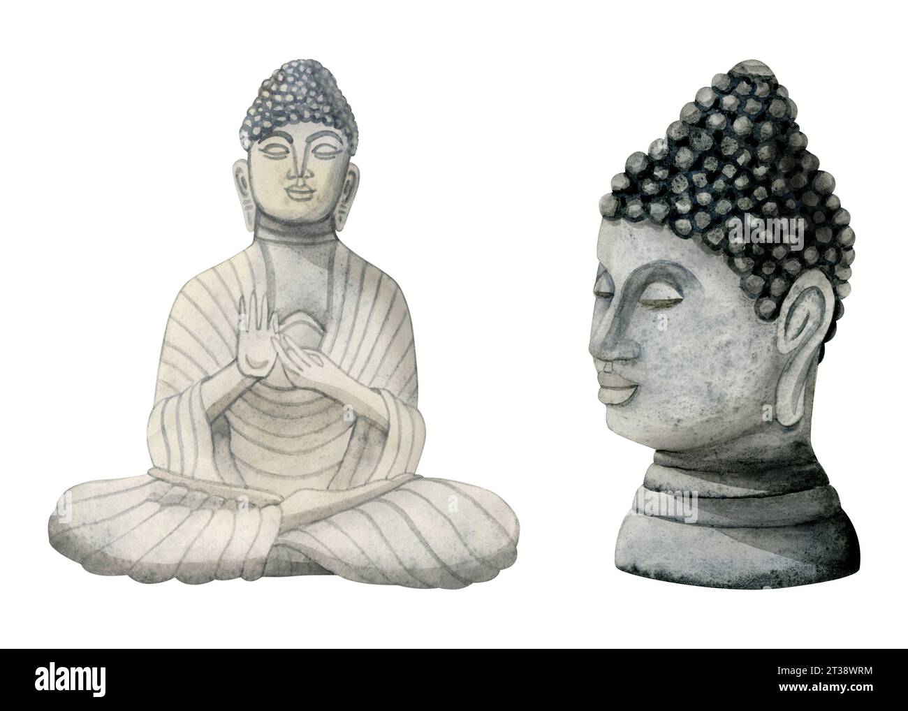 Aquarell Buddha Steinstatue und Kopfporträt handgezeichnete Illustration auf weißem Hintergrund. Buddhistische Elemente für Yoga, Spa und Meditat Stockfoto