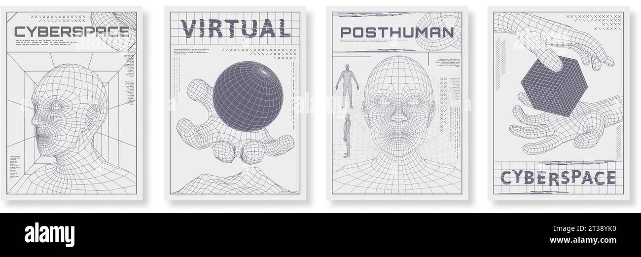 Plakate mit Drahtmodell-menschlichem Kopf. Low Poly 3D Cyberspace Streetwear Print, virtuelles Cyber Poster mit futuristischen Wellen Vektor Illustration Set mit Stock Vektor