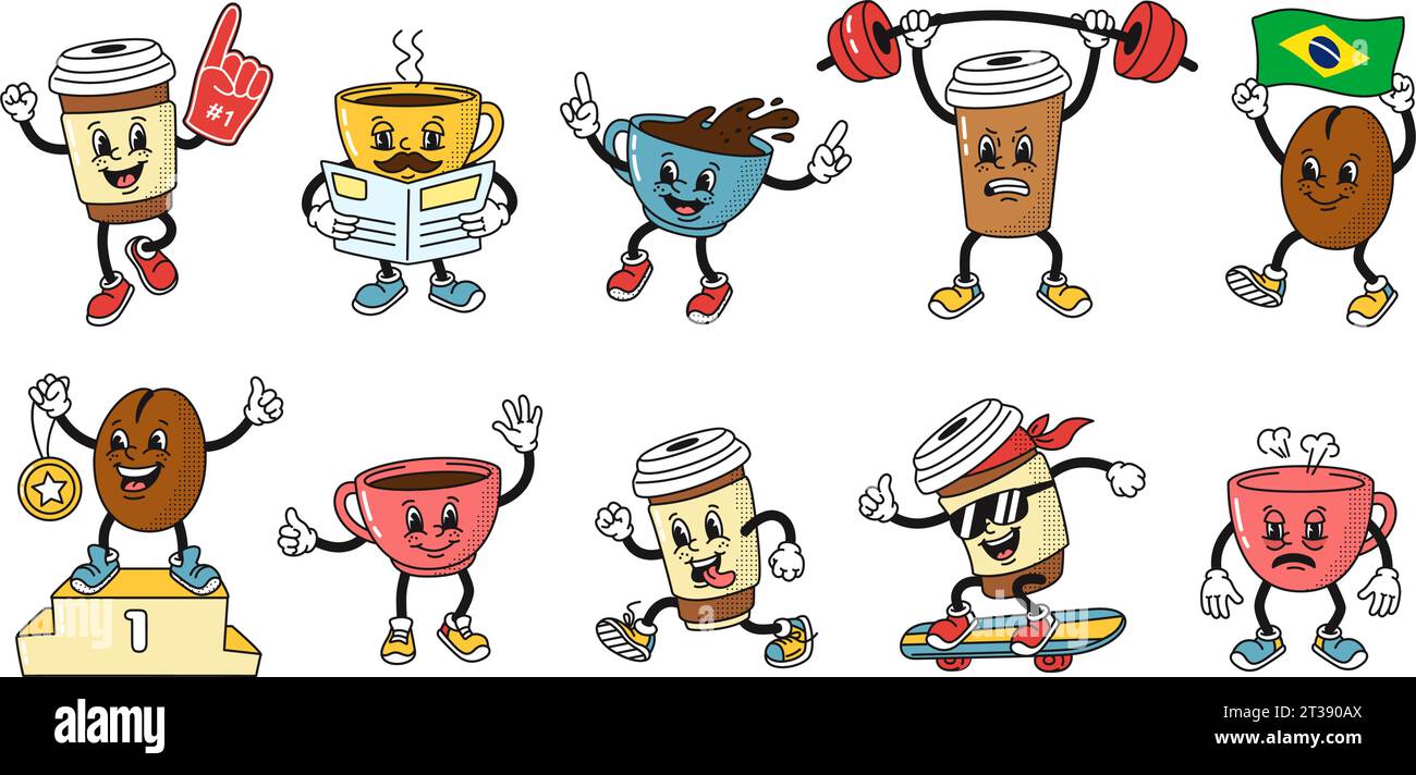 Cartoon-Kaffee-Maskottchen. Lustige heiße Espresso-Tasse und Kaffeebohne im Stil der 1930er Jahre Gummischlauch Animation Charakter. Isolierte Vektordarstellung Stock Vektor