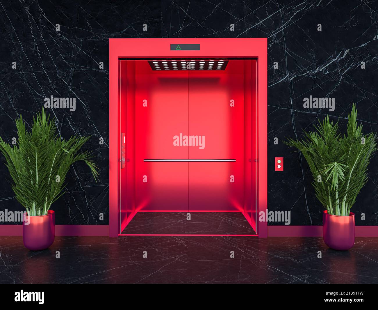 Roter Aufzug mit schwarzen Marmorwänden. 3D-Rendering Stockfoto