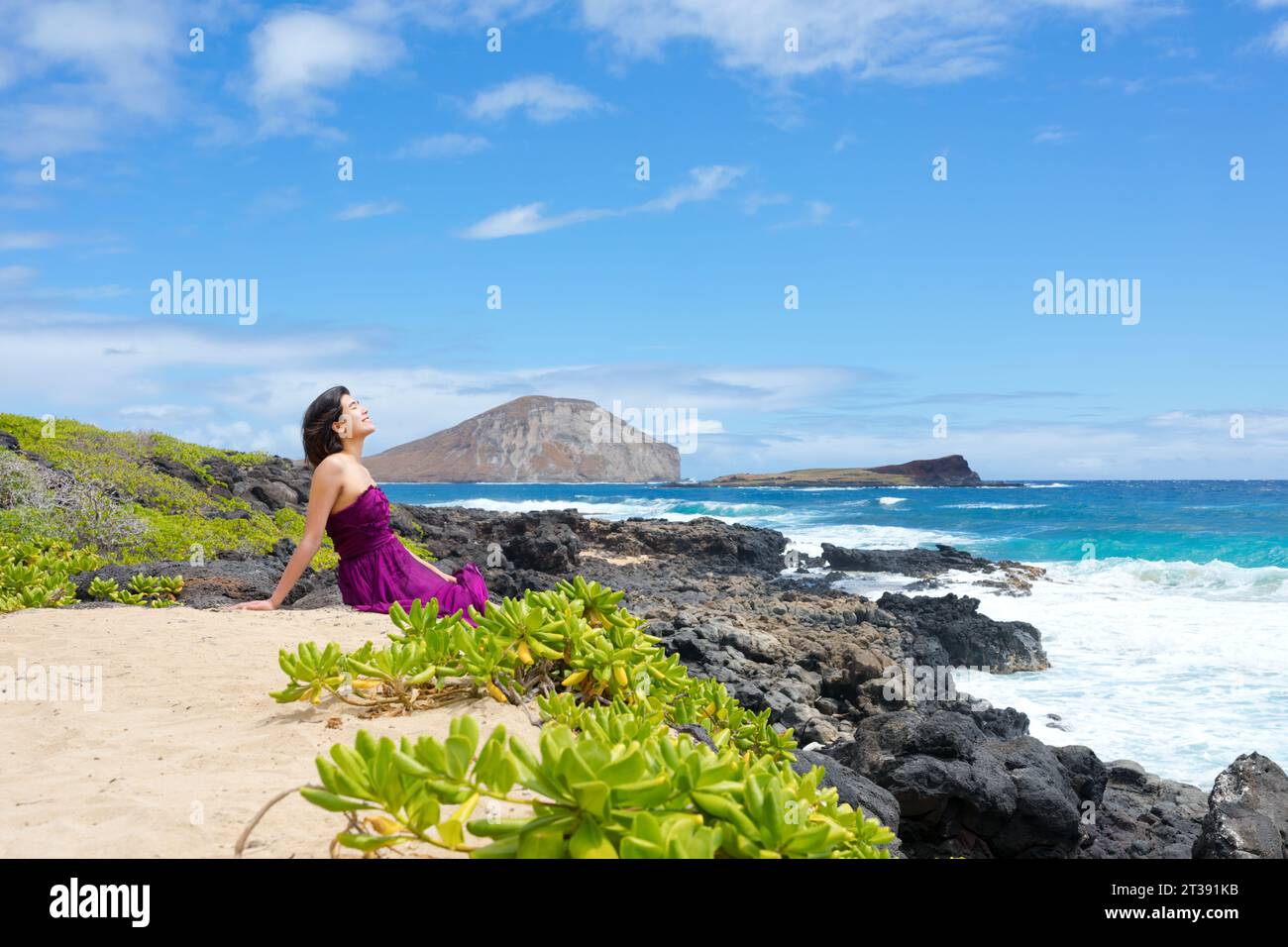 Eine junge Frau im lila Kleid sitzt am felsigen Ufer und blickt auf den Ozean am Makapu'u Beach in Oahu, Hawaii Stockfoto