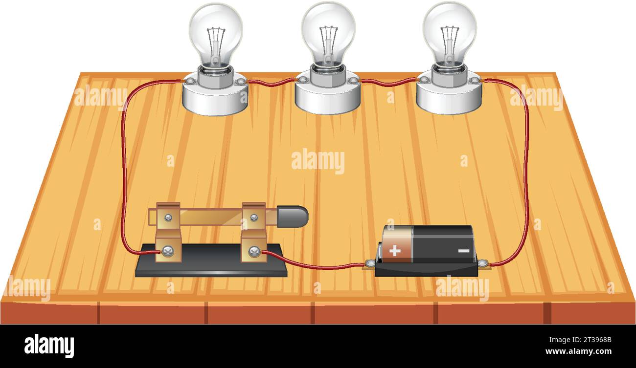 Illustrierte Infografik mit Schaltplan mit Batterien, Glühlampe und Schalter Stock Vektor
