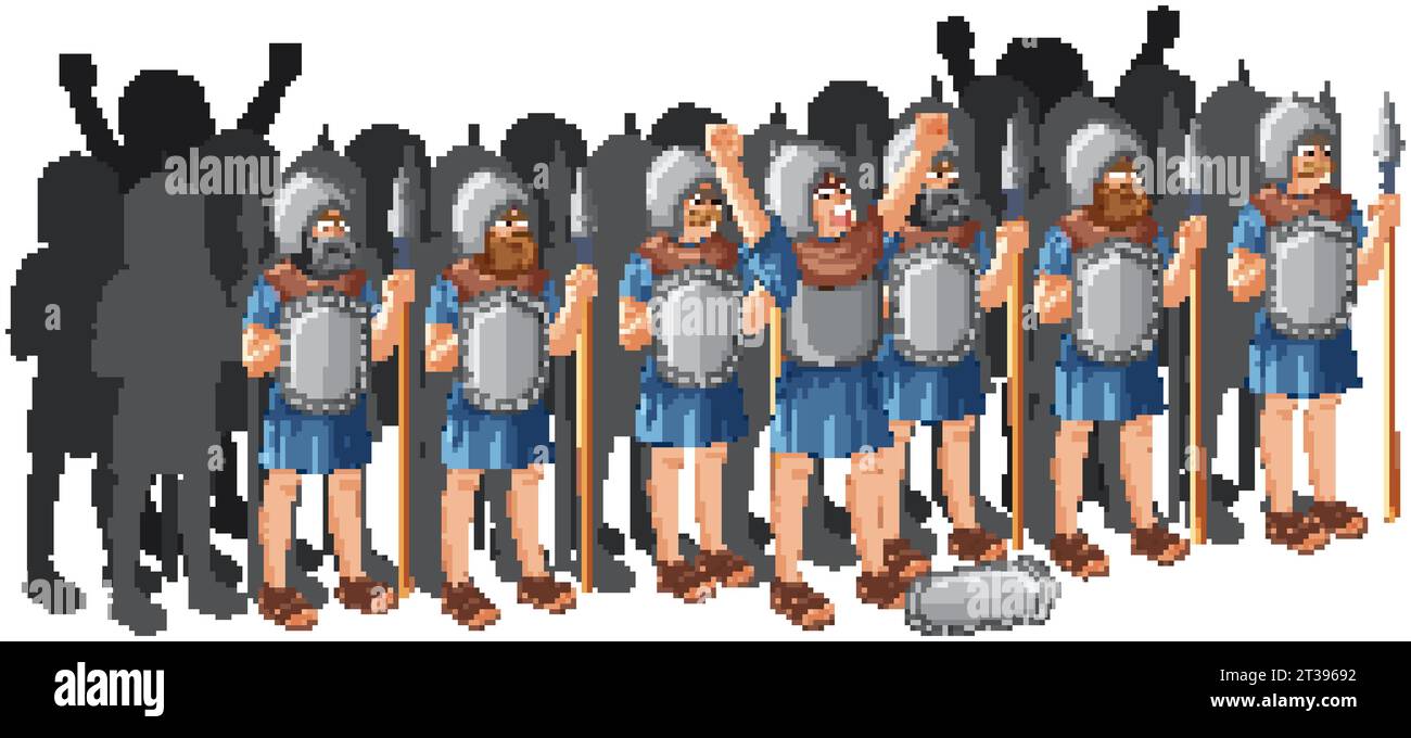 Eine Gruppe von alten Rittern im Zeichentrickstil, bewaffnet mit Speeren und Schilden Stock Vektor