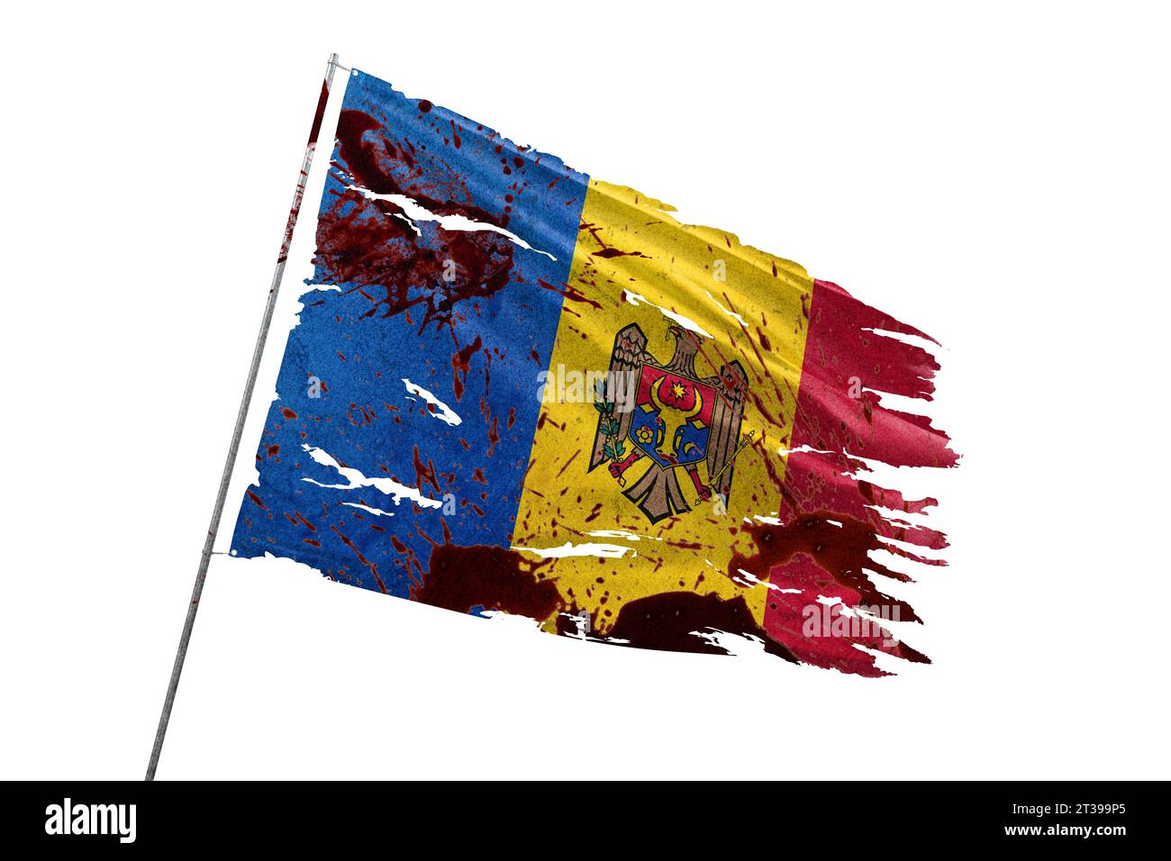 Moldau zerrissene Flagge auf transparentem Hintergrund mit Blutflecken. Stockfoto