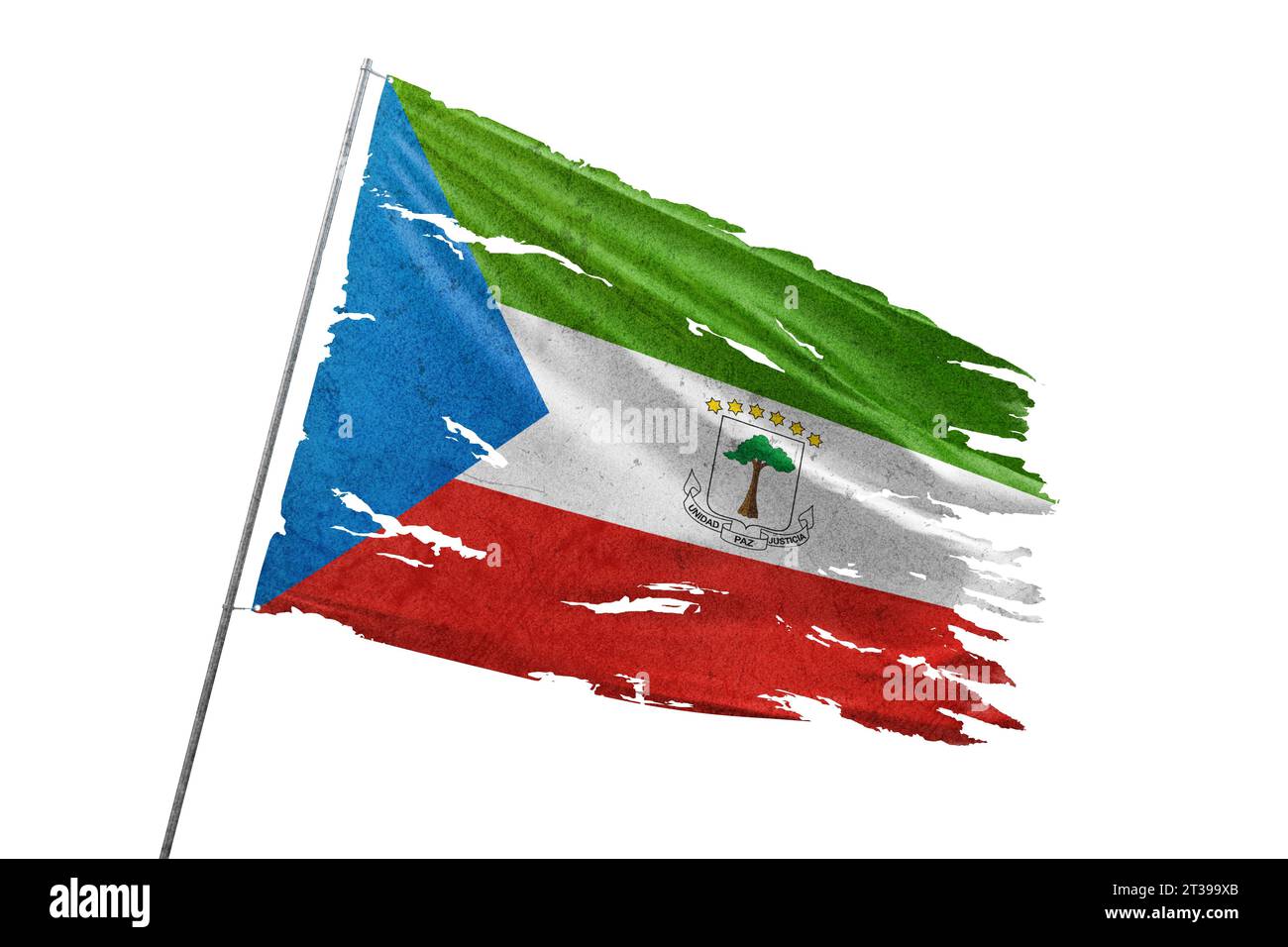 Äquatorialguinea zerrissene Flagge auf transparentem Hintergrund. Stockfoto