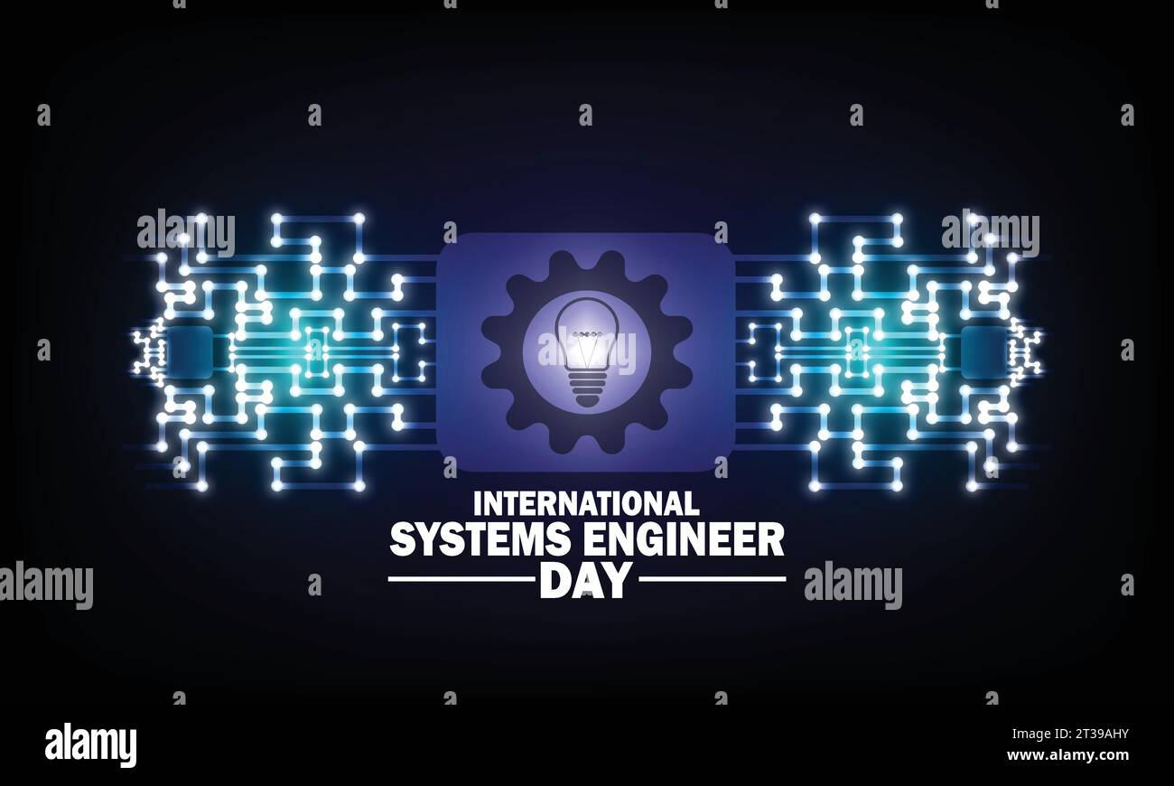 International Systems Engineer Day. Vektorillustration mit Glühlampe und Leiterplatte. Geeignet für Grußkarten, Poster und Banner Stock Vektor